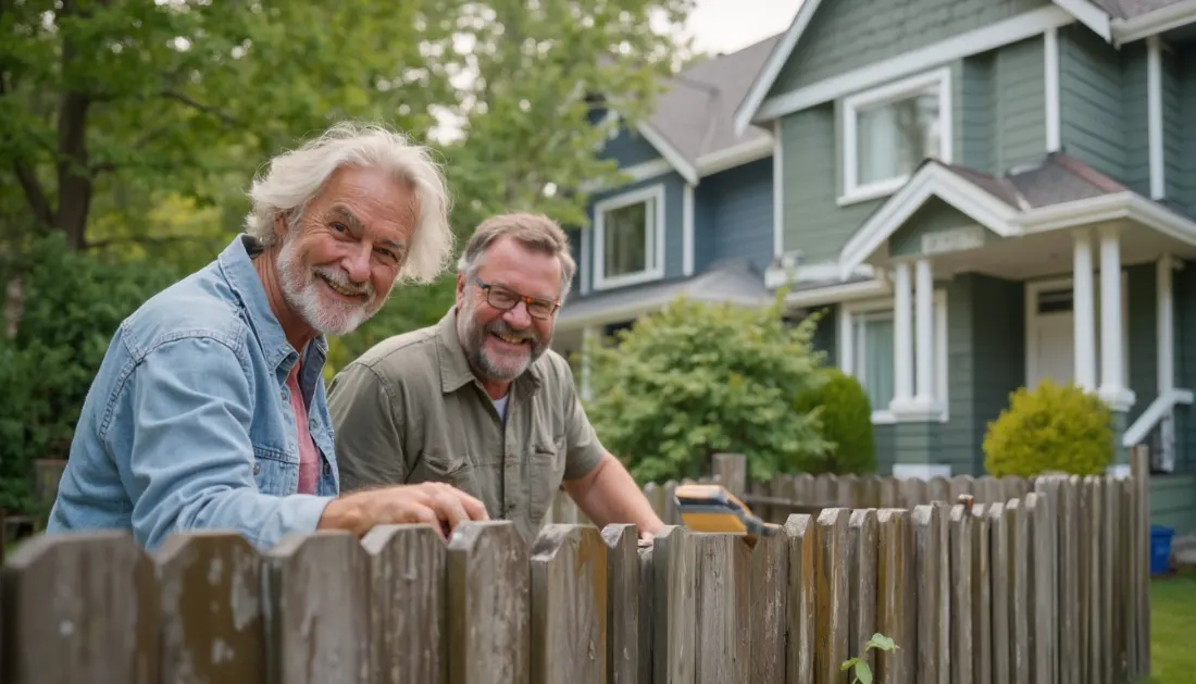 Neighbors repairing a fence