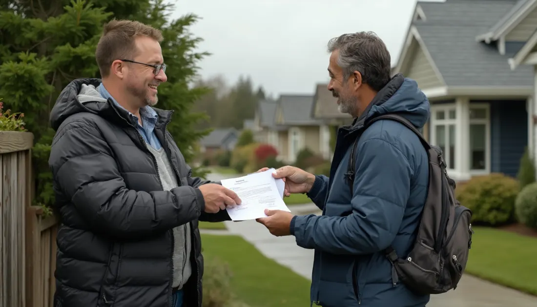 Neighbors reviewing fence contract